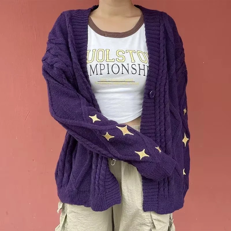 

Speak Now Cardigan TS Golden Star Embroidery Button Up Purple Sweater TV Album Cardigan Gift Fall Winter Vintage Outfit