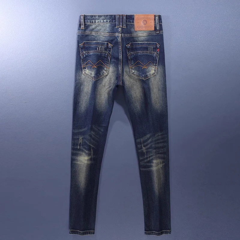 Fashionable new men's jeans with perforated patches washed, nostalgic, elastic, slim fit, retro light blue, designer pants Y2Kho