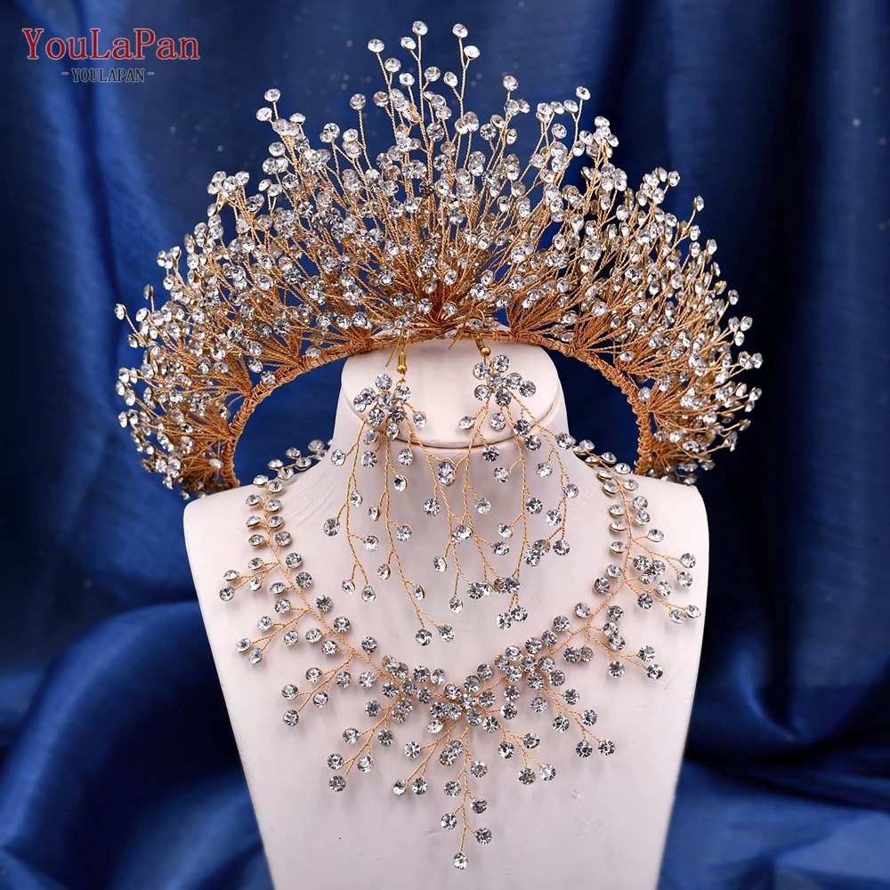 YouLaPan Golden Bridal Crown Rhinestone Wedding Hair Accessories Jewelry Bridal Headband Luxury Women Tiara for Pageant Headwear