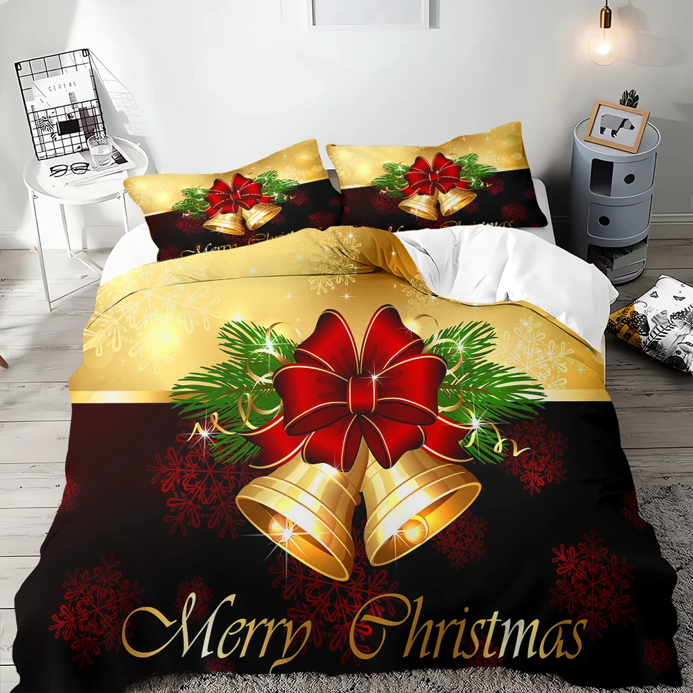 Merry Christmas Duvet Cover Gold Bell Bow Bedding Set for Children Teens Holiday Gifts Bedroom Decoration Queen King Full Size