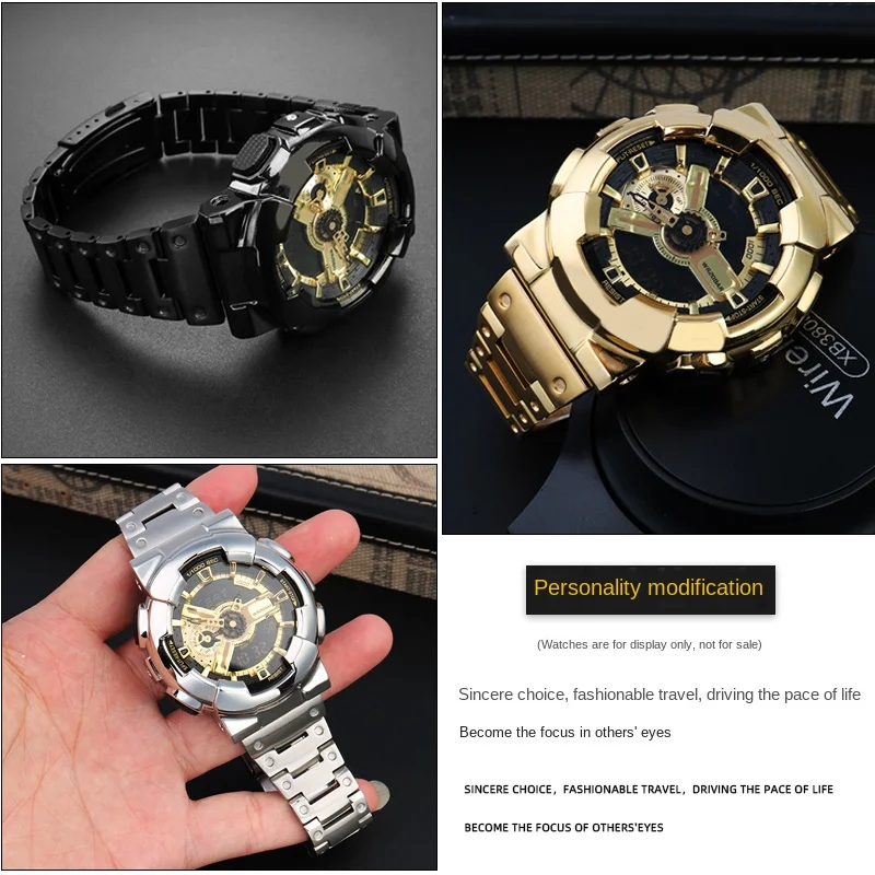 Modified Golden Case Bezel metal Watchband Set For Casio G-SHOCK Black Samurai GA-110GB GA100 GA120 Stainless steel Watch strap