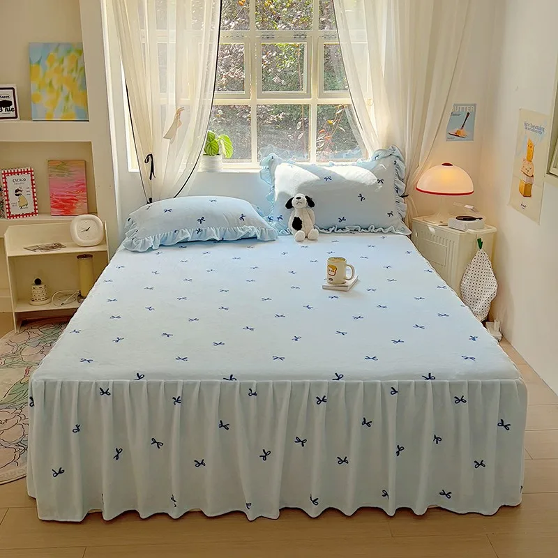 

2024 new high-gram princess wind milk fleece printed bed skirt 1 pc winter thickened warm bedspread mattress with skirt 3pcs