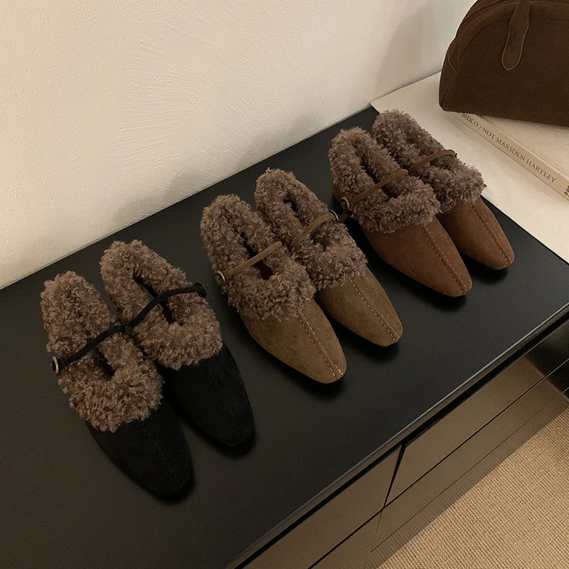 Winter Office Lamb Wool Lady Pumps Shoes Casual Thick Heel Female Pointed Toe Mary Jane Shoes