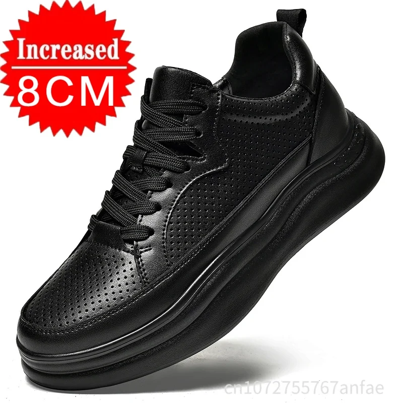 

PU Leather Men Elevator Shoes White/Black Man Sports Casual breathable Board Shoes Men Hidden Inner Heightening Shoes 8CM