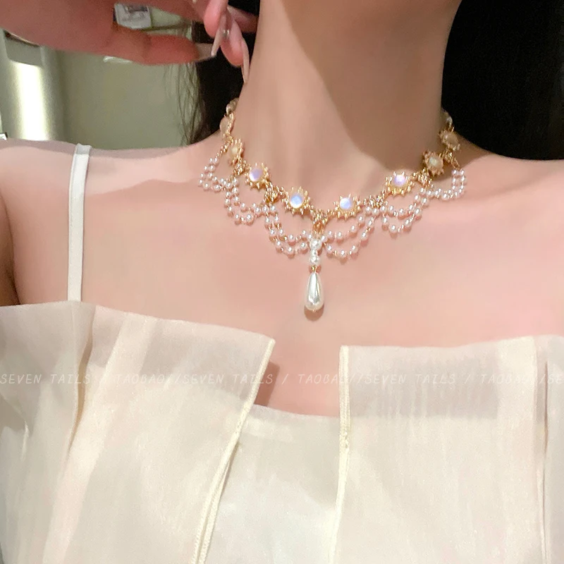 여성용 프랑스 화이트 문라이트 펄 태슬 목걸이, 레트로 헤비 인더스트리 디자인, 멀티 레이어 쇄골 체인, 라이트 럭셔리