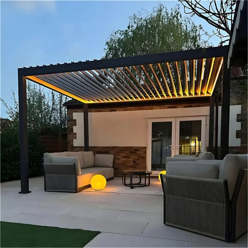 Luxury Balcony Pergola Ambient LED Lighting Motorized Operation Durable Weatherproof Powder Coated Year-Round Use