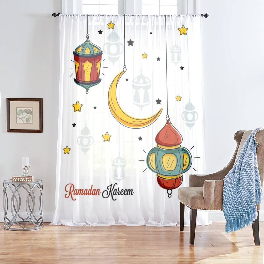1PC Ramadan Kareem Sheer Vorhang Bunte Laterne Mond Sterne Islamischen Festival Fenster Vorhänge Licht Filterung für Wohnzimmer dekor