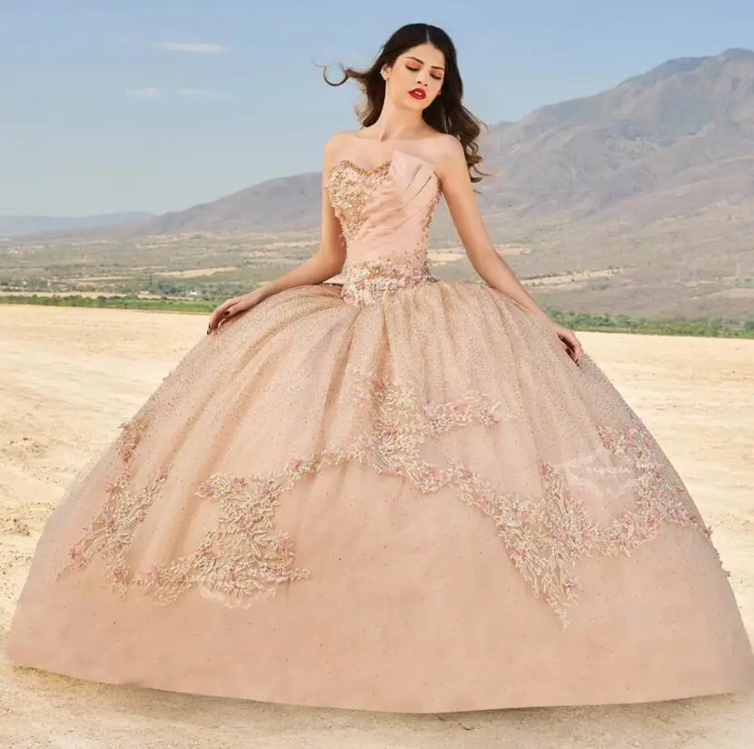 Champagne quinceanera vestidos de baile querida tule apliques frisado mexicano doce 16 vestidos 15 anos