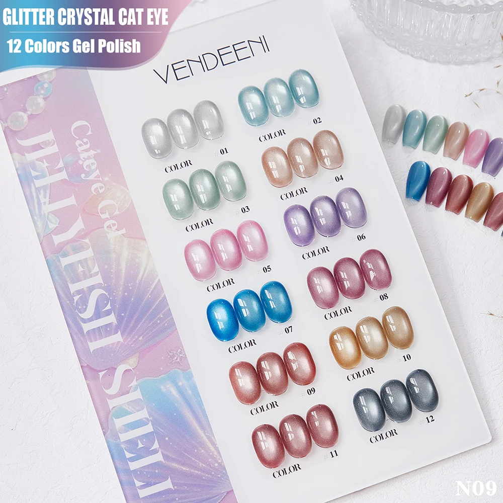 

Vendeeni 12 Colors/Set Glitter Powder Cat Eye Gel Nail Polish UV LED Colorful Crystal Magnetic Nail Varnish With Color Card