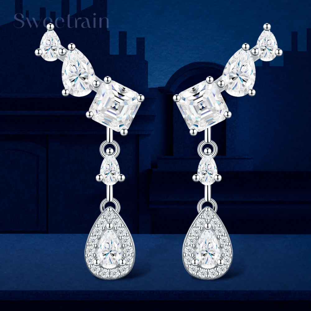 Full Moissanite Drop Earrings S925 Silver Pear Cut Crawler Climber Dangle Earrings for Women Bridal Wedding Party Jewelry