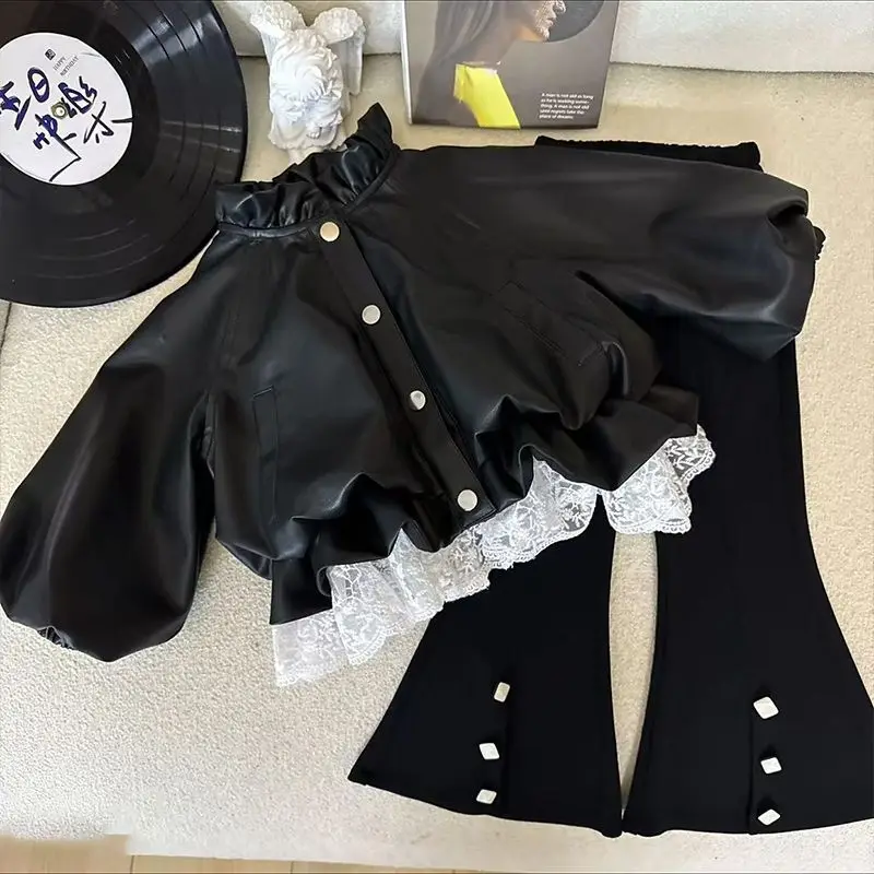 

Комплект одежды для девочек, осенне-зимнее детское кружевное кожаное пальто + брюки-клеш, 2 шт., 90-150 см