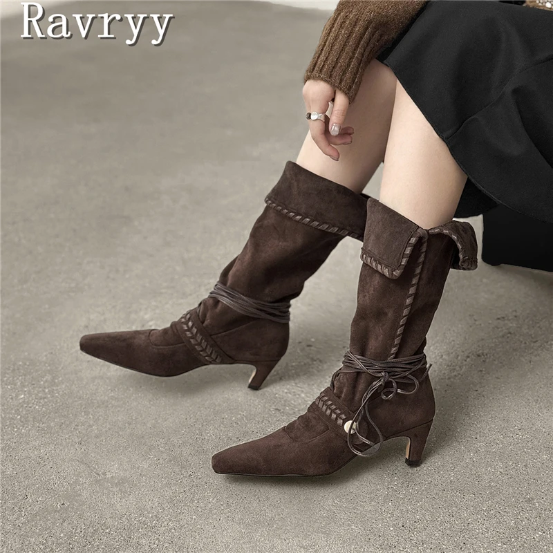 

Winter New Suede Leather Mid-Calf Boots Women Square Toe Solid Ankle Strap Thick Heels Elegant Fashion Boots