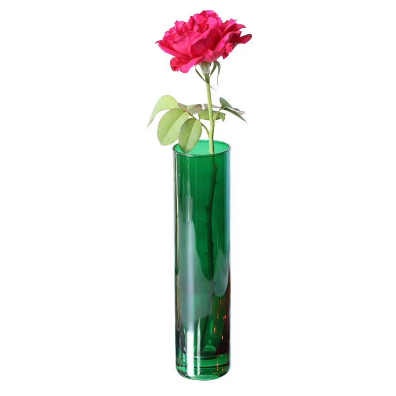 Vase en verre droit vert coloré, petit diamètre, lumière de luxe, arrangement de fleurs rouges, ustensile hydroponique, décoration de la maison