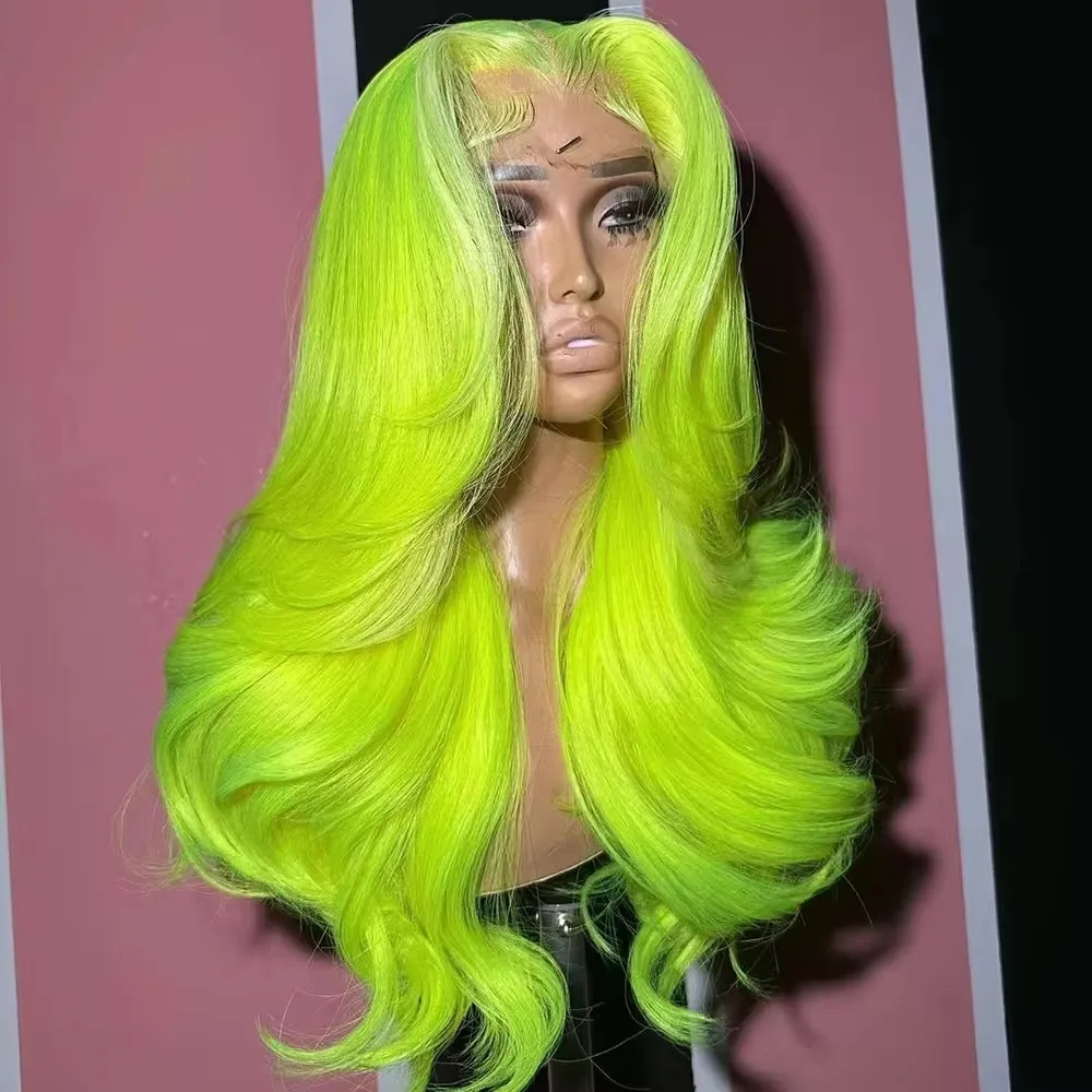 Neon Green Yellow Synthetic Hair Body Wave Lace Front Wigs  Wavy for Women Pre Plucked  Lace Frontal Wig Cosplay Party Heat Fibe