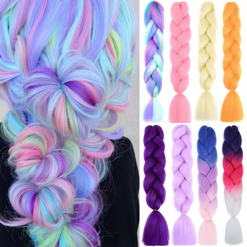24Inch Synthetic Long Braiding Hair Extension Ombre Color Rainbow DIY Jumbo Hair Pink Red Blue Hairstyle for Women