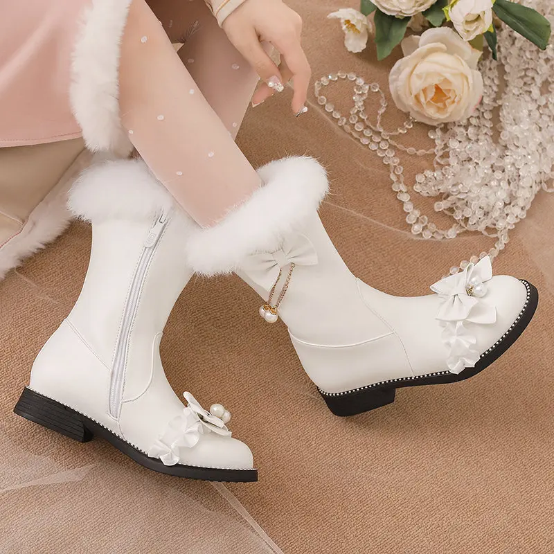 

ORCHA LISA, модная обувь, милые ботинки в стиле Лолиты для девочек, круглый носок, плоская молния, бант, плюшевые теплые милые размеры 28-29, зима