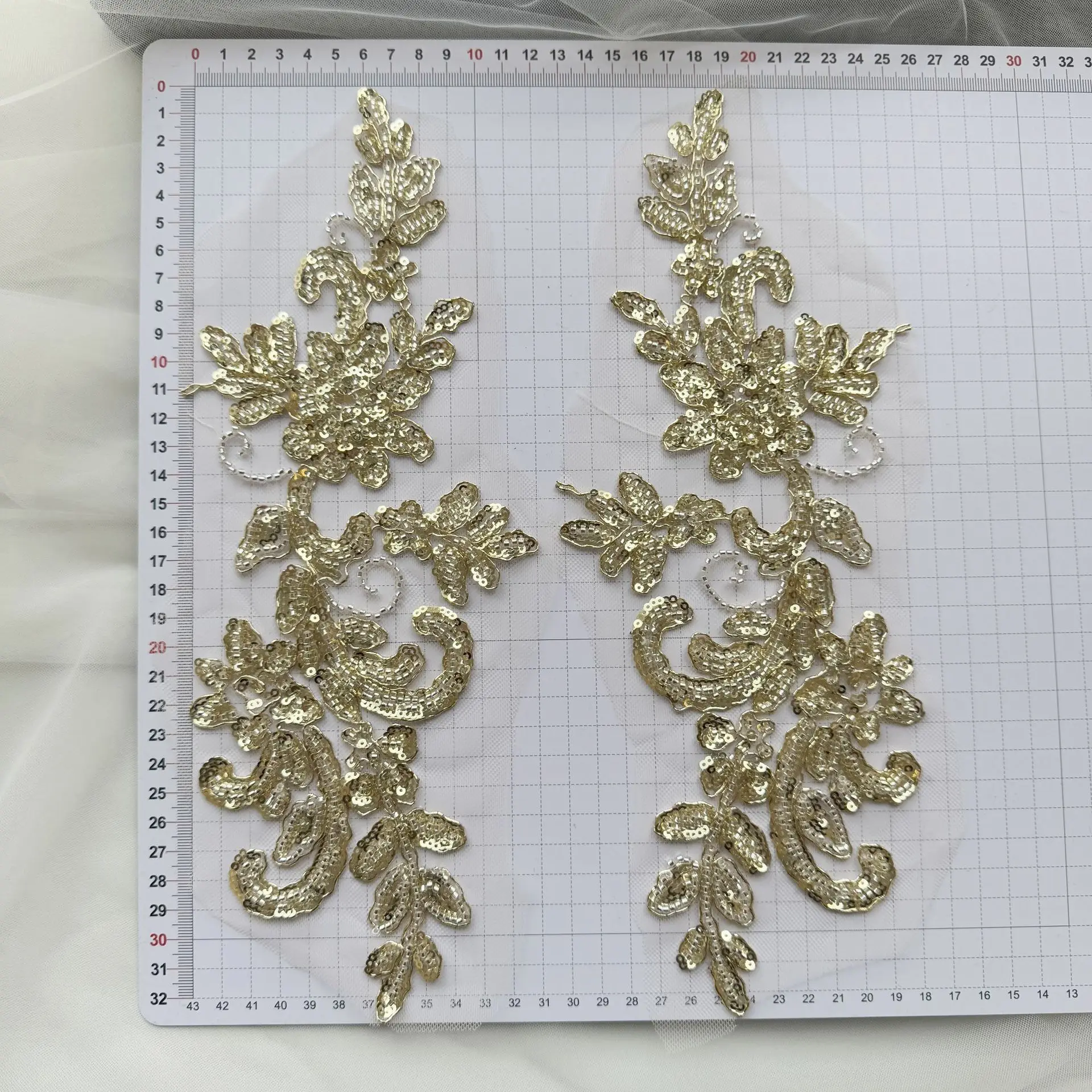 Champagne Gold Sequin Floral Embroidery Trim Women's Apparel Garment Accessories Dress Decorative Patch for Clothing