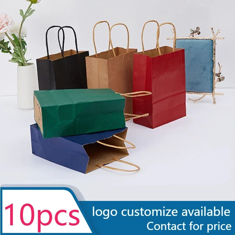 

10pcs Kraft Paper Bag with Handles Solid Color Gift Packing Bags for Store Clothes Wedding Christmas Supplies Handbags Kit