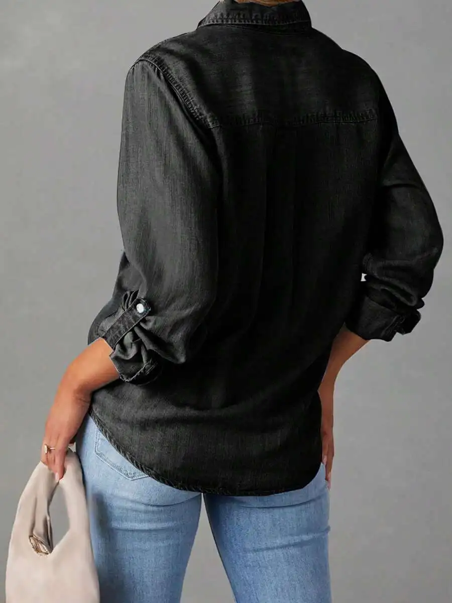 

Women Denim Shirt Solid Color Turn Down Collar Long Sleeve Loose Casual Top Streetwear