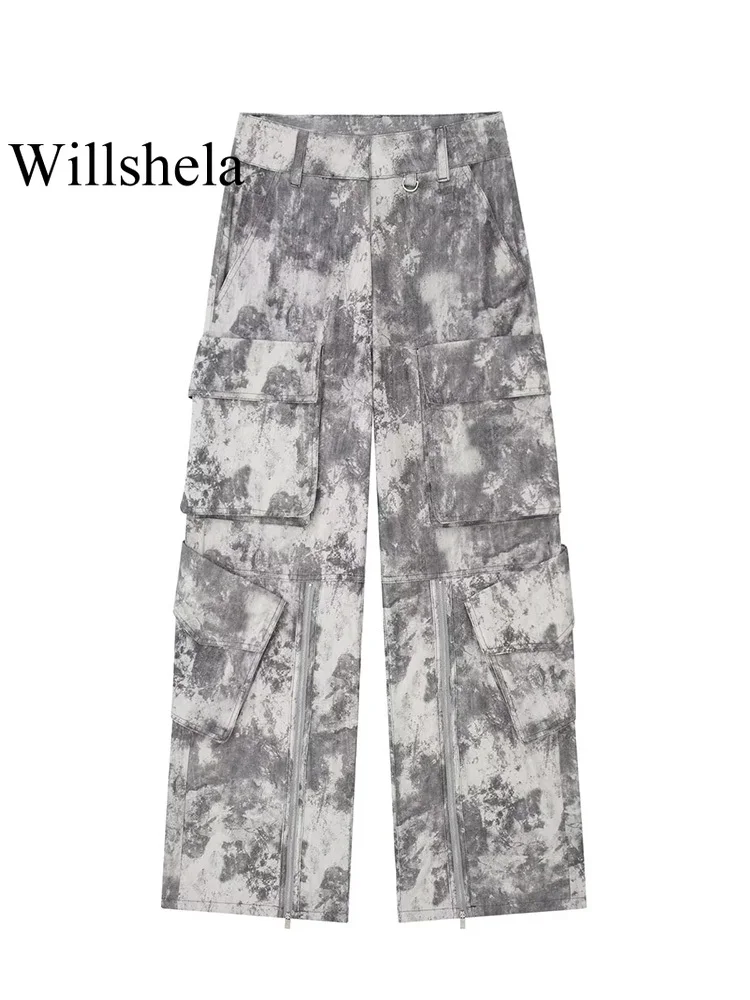 Willshela Women Fashion With Pockets Printed Front Zipper Cargo Pants Vintage High Waist Full Length Female Chic Lady Trousers