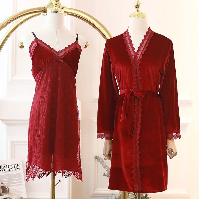 

Velvet Twinset Robe Set Nightgown Sexy Patchwork Lace Nightwear Bathrobe Gown New Autumn Winter Female Sleepwear Loose Home Wear
