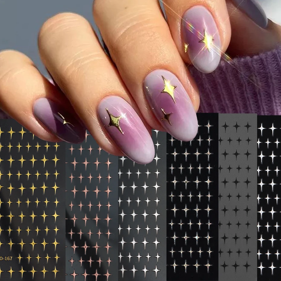 6pcs 3D Star Nails Art Stickers Metal Laser Holographic Star Nail Decals Black White Golden Silvery for Women Nail Art Decor