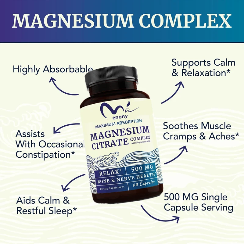 500 milligrams of magnesium citrate is usedforcalming,relaxing, constipation, and digestion,with a high absorption of 60capsules