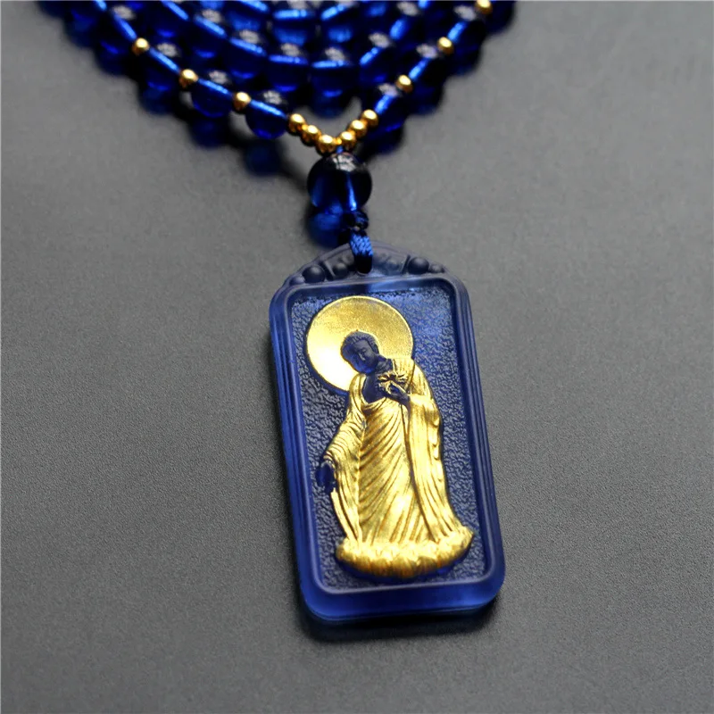 Chinese Style Gold Gilded Square Liuli Buddha Pendant Necklace Unisex Good Luck Spiritual Amulet Sweater Chain Exquisite Gift