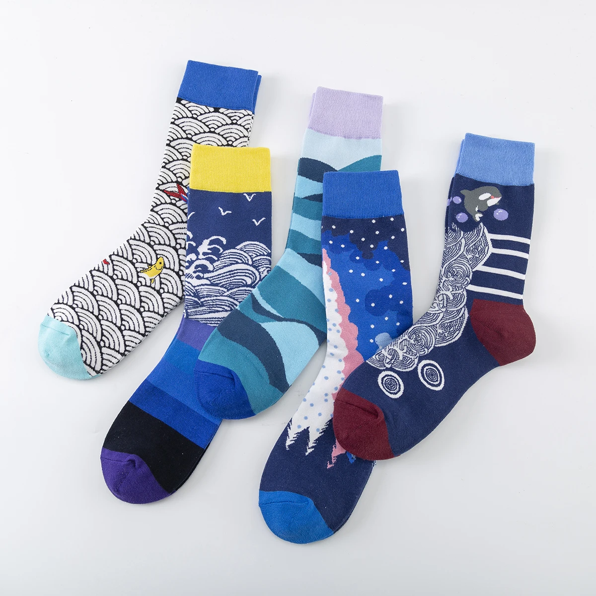 5 Pairs New Cute Men and Women Casual Cotton Socks Happy Fashion Ethnic Style Seagull Ocean Carp Men Funny Socks Wholesale