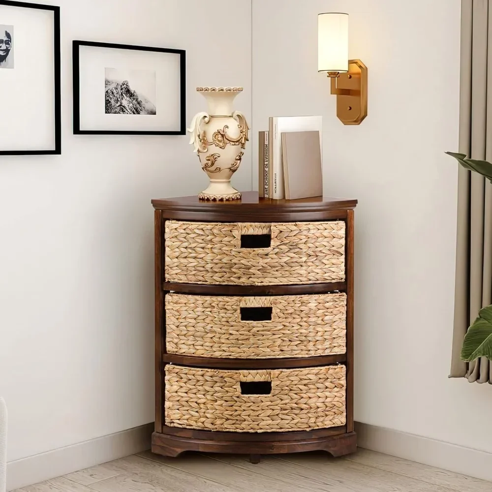 

Hampton Meadows 3 Tier X-Side Corner Table Storage Cabinet with 3 Wicker Baskets, Walnut，14 D x 14 W x 25.5 H inches