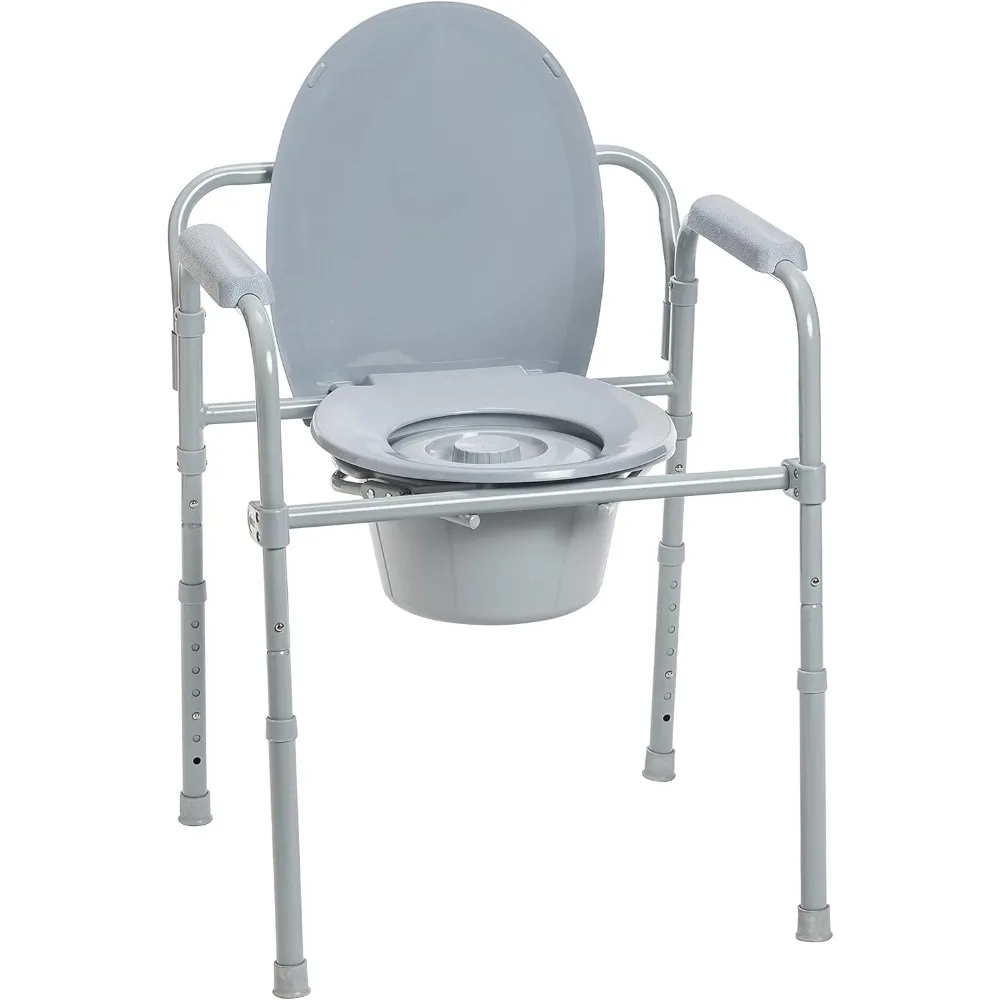 Folding Steel Bedside Commode Chair by Drive Medical, Portable Toilet with 350 lbs Capacity and 7.5 Qt. Bucket