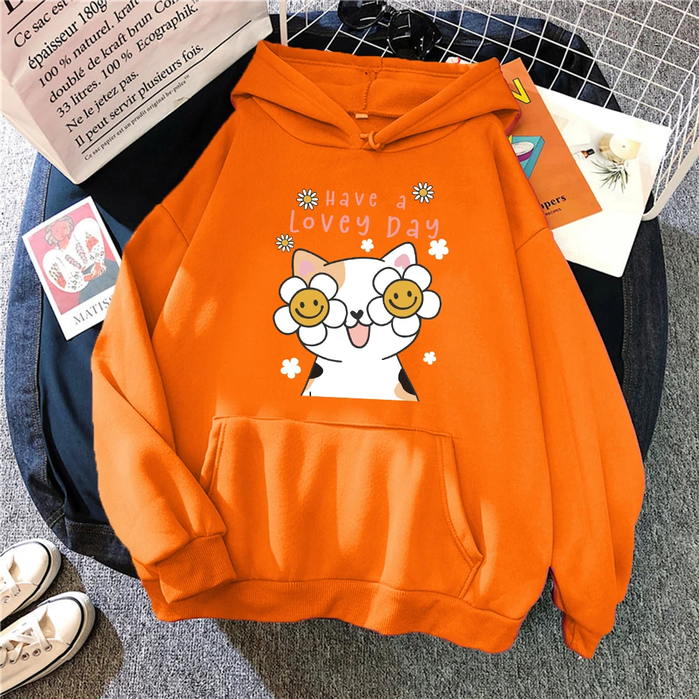 Have A Lovey Day Happy Cartoon Cat Prints Women Hoodie Vintage Autumn Streetwear Soft Comfortable Hoody Fleece Pocket Pullover
