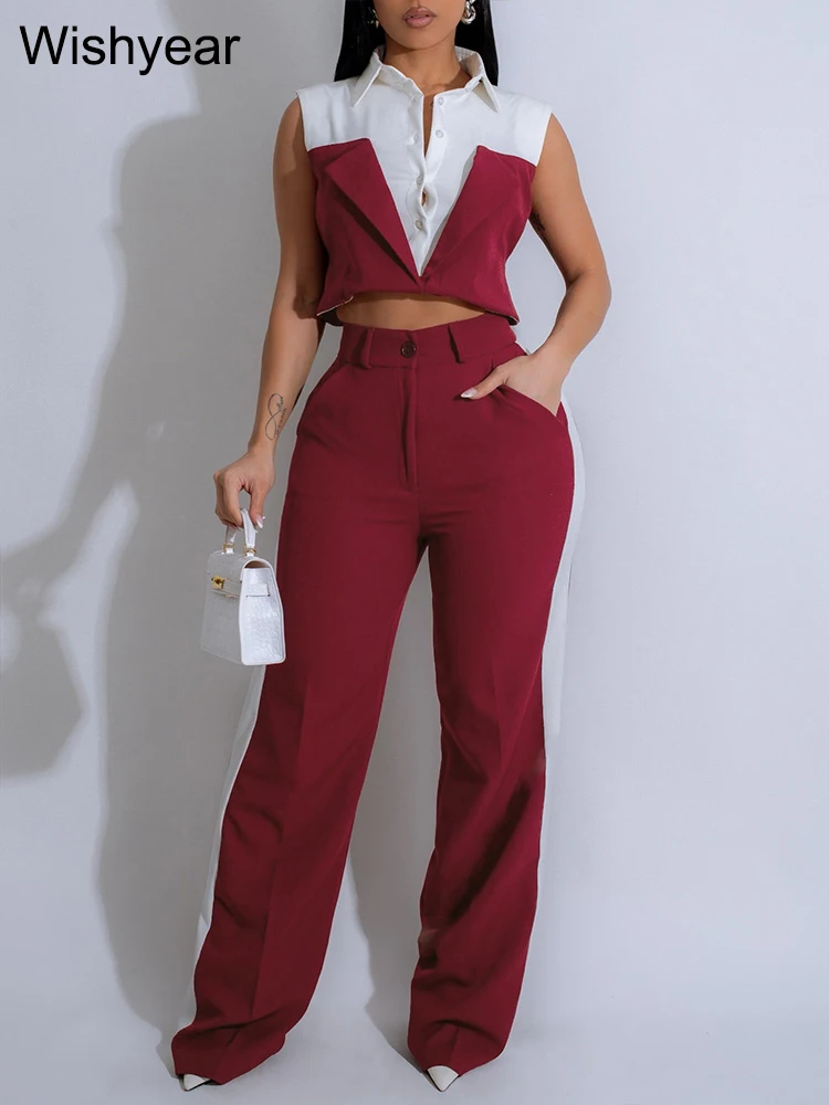 Fashion Patchwork Sleeveless Vest Crop Tops and Straight Pants Women 2 Piece Set Casual Office Lady Work Wear Streetwear Outfits