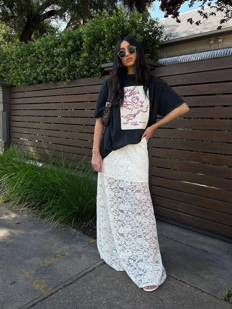 

Элегантная белая кружевная юбка макси для женщин, с эластичным поясом, прозрачным цветочным узором, свободного кроя, повседневная, модная, для ношения на каждый день, новинка 2026 года