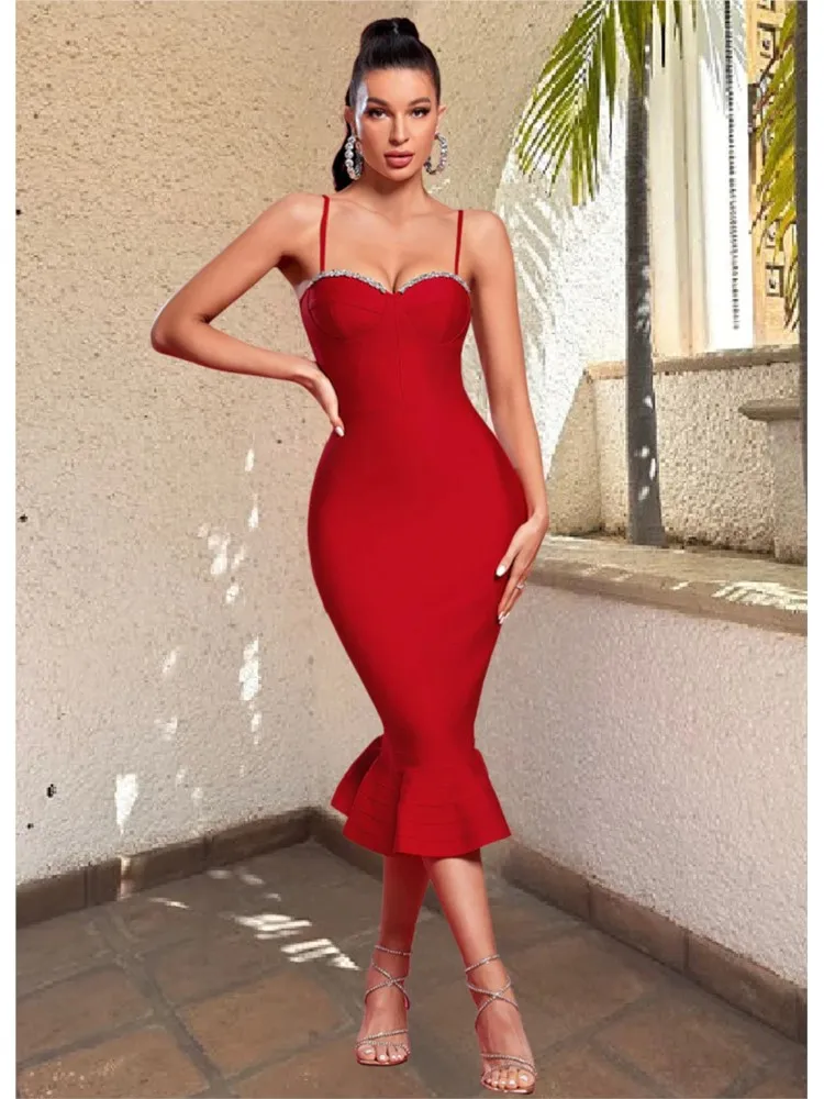 Hot Style Rhinestone Low Cut Camisole Dress With Elegant Temperament And Bandage Fishtail Skirt In Multiple Colors