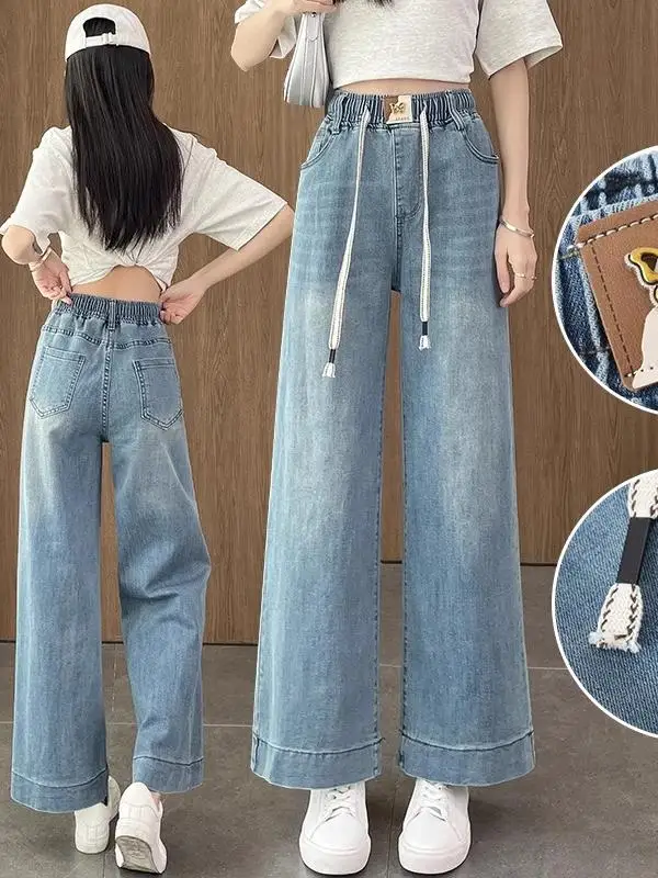 

High Waist Wide Leg Straight Cut Jeans Girls Spring Faion New Sle Elastic Loose Fit High School Students Denim Pants