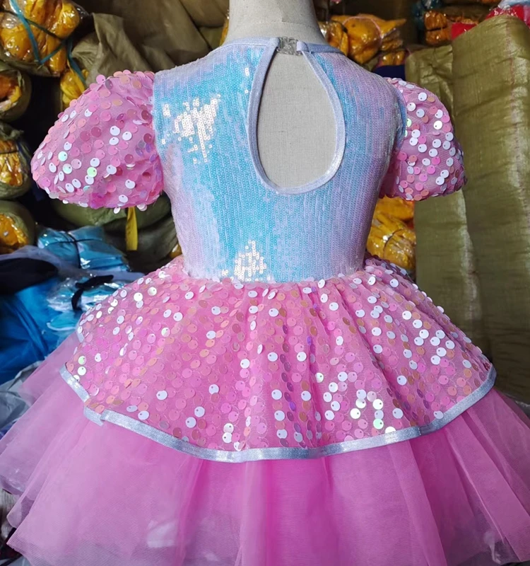 Modern Dance Tutu Dress Girls Kids Ballroom Clothing Sequined Jazz Dance Costume Stage Wear Pink Wedding Princess Dresses