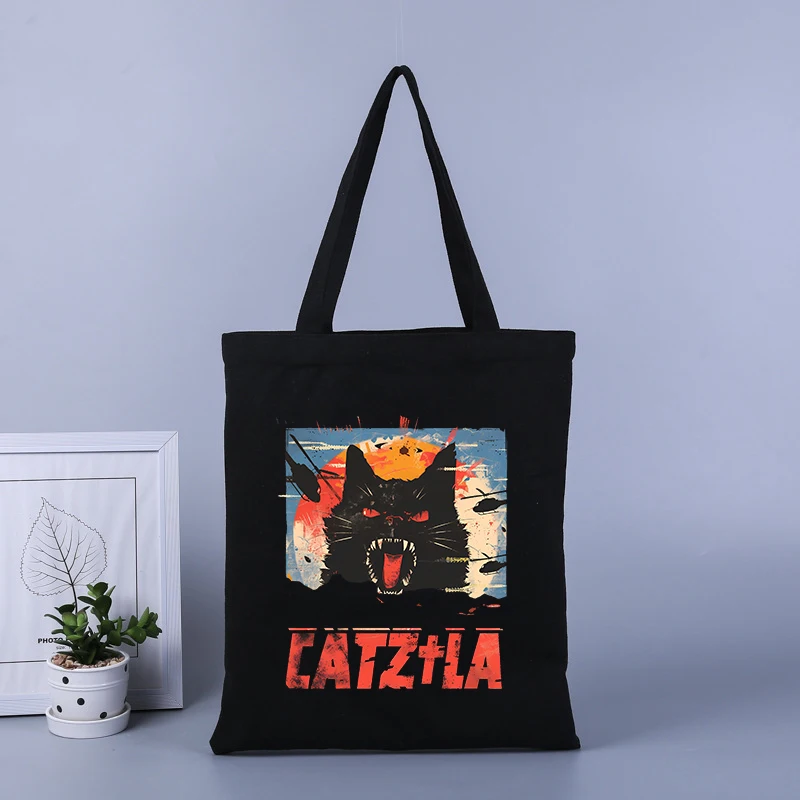 Borsa per la spesa in tela stampata gatto catzilla borsa a mano di grande capacità borsa da scuola per studenti