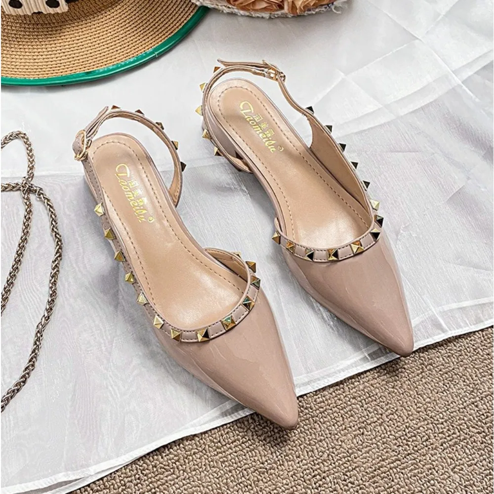 

Baotou Sandals Women's Summer New Low-heeled Willow Nails Temperament Pointed Nude Word with French Large-size Single Shoes
