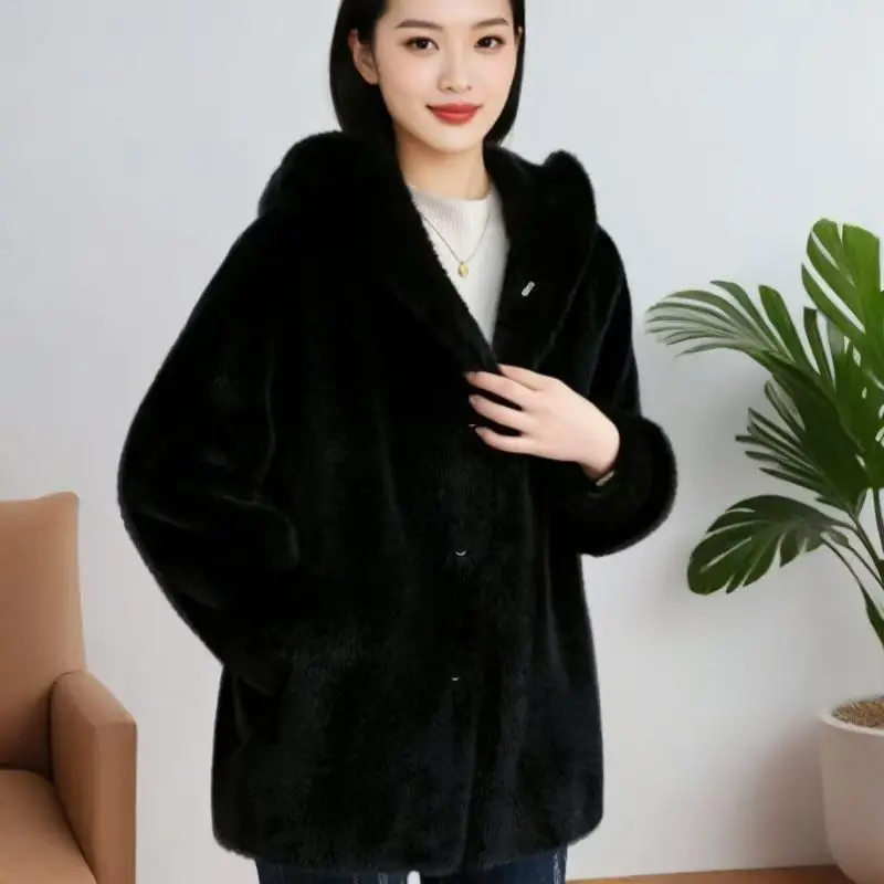 2026 New Autumn Winter Faux mink fur Hooded Coat Women's Korean version Loose Thicken Medium length Jacket Woman Warm Fur Coats