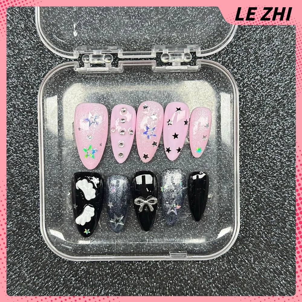 Dulce fresco hecho a mano elipse corta prensa en uñas dibujos animados Rilakkuma estrella brillante diamante Bowknot alas notas musicales uñas postizas