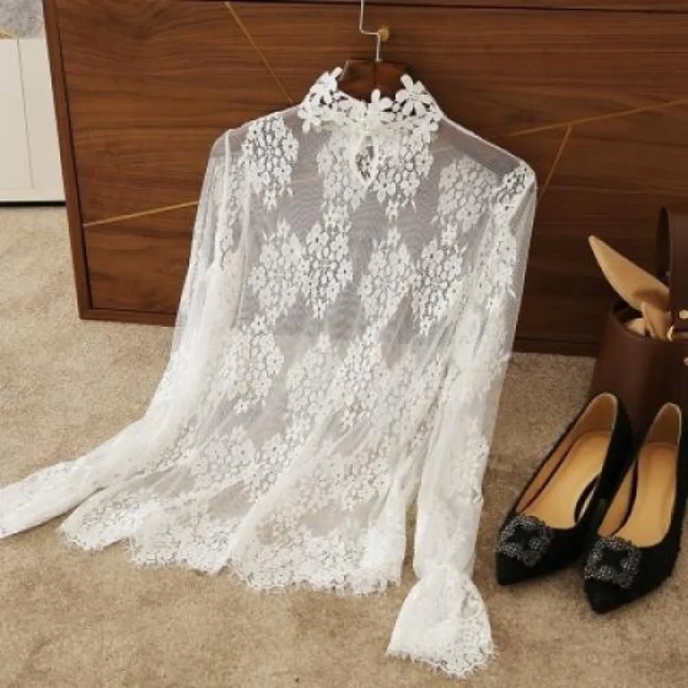 New Black Lace Blouses Long Flared Sleeve Mesh Lace Shirt High Collar Transparent Ladies Tops Summer Season