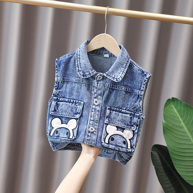 2024 Summer Boys Fashion Print Button Lapel Pocket Denim Vest Coat Children's Clothing 1-6y