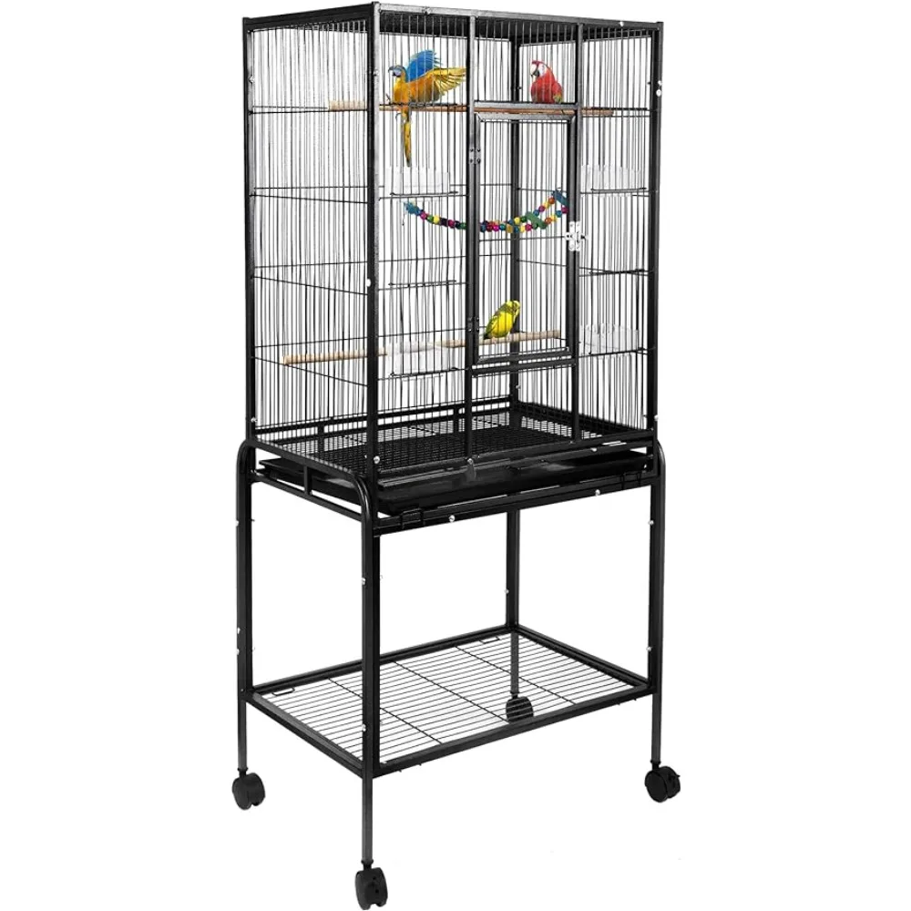 53-inch Bird Cage with Rolling Stand & Storage Shelf, Large Wrought Iron Parrot Cage for Cockatiel,with Bottom Tray Wire