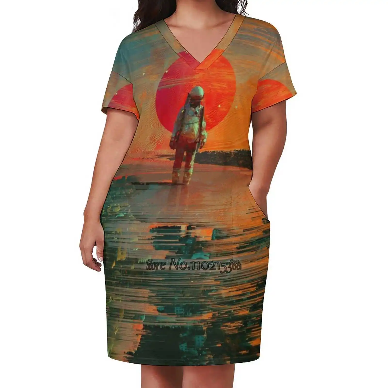 The Blast V-Neck Short Sleeve Dress A-Line Skirt Women'S Clothing Office Lady Elegant Skirt Space Astronaut Surreal Visual