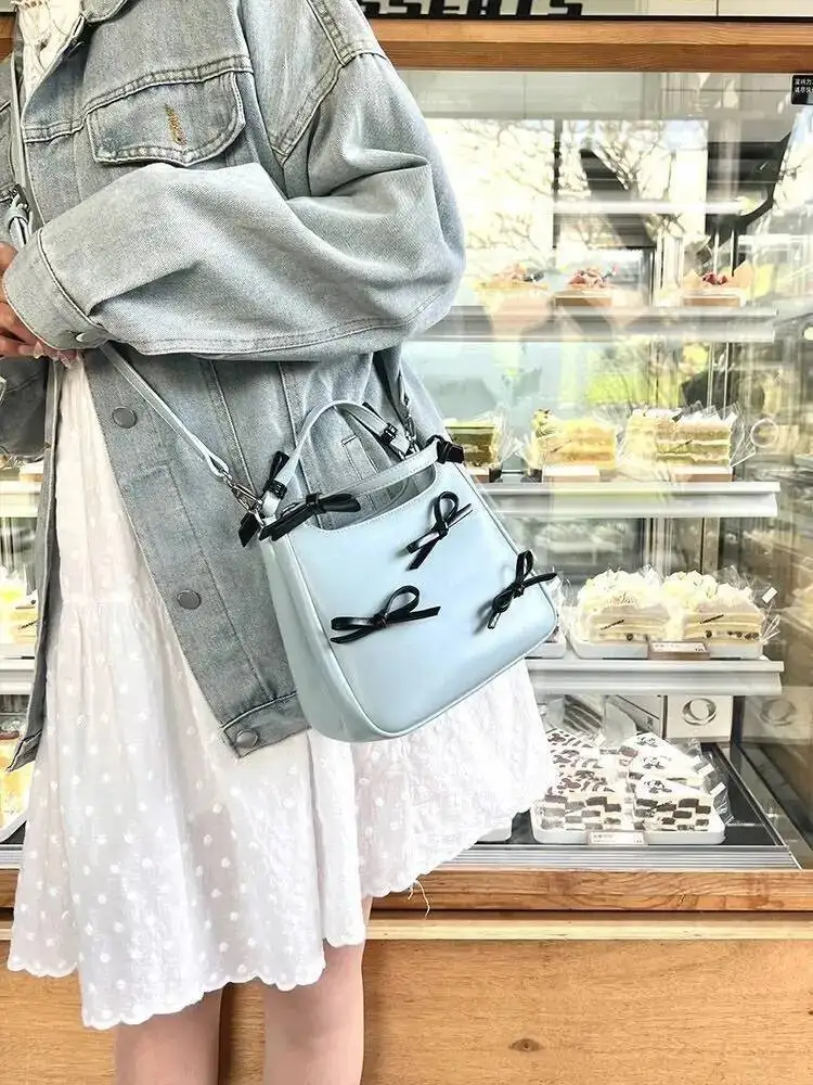 Bloom Hot Girls Y2k Hand Purse Female Sweet Cool Bow Handle Blue Bucket Bag Women Haruku Aesthetic Casual Crossbody Bags