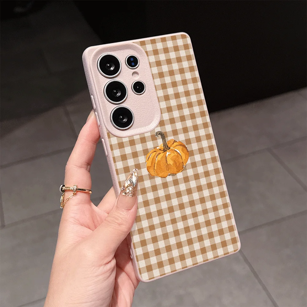 Autumn Pumpkin Checkered Pattern Lychee Texture Phone Case for Samsung Galaxy A56 A57 A55 A54 A53 A52 A51 A37 A36 A14 Soft Cover