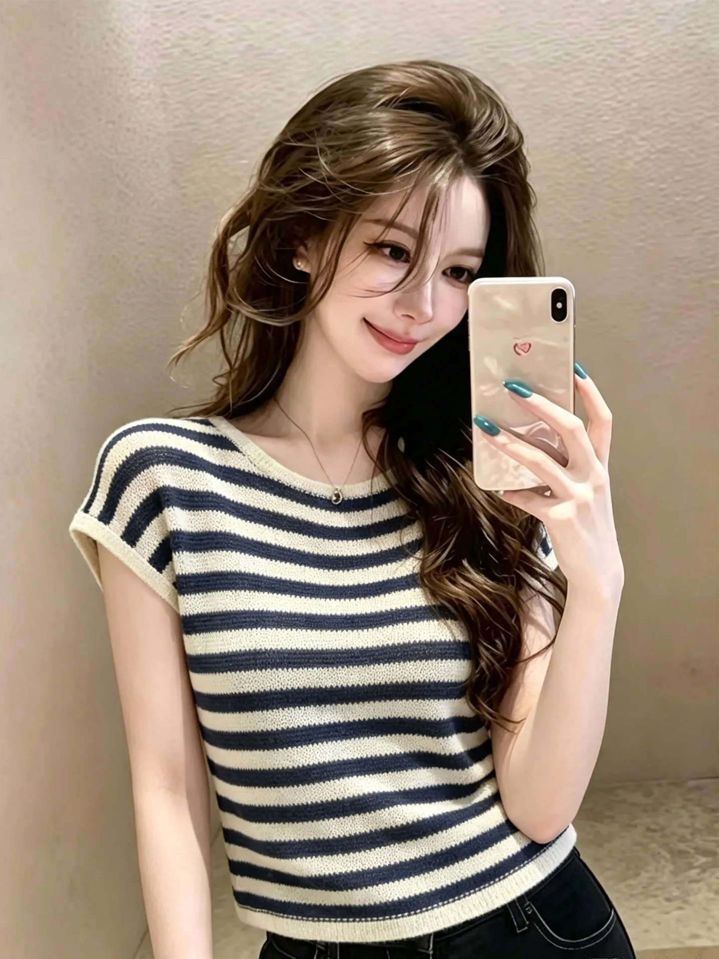 Korean Style Salt System Stripe Short Sleeve Knitted Women's round Neck Loose Casual Top Early Autumn New Arrival Soft Fabric