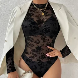 Women's Lace See Though Bodysuits Long Sleeve Solid Color Romper Bottom Thin Sexy Nightclub Jumpsuit Tops