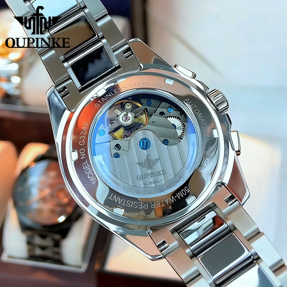 OUPINKE Men's Watches Trend Fashion Tungsten Steel Fully Automatic Wristwatch Hollow Out Mechanical Flywheel Dial Calendar 3249